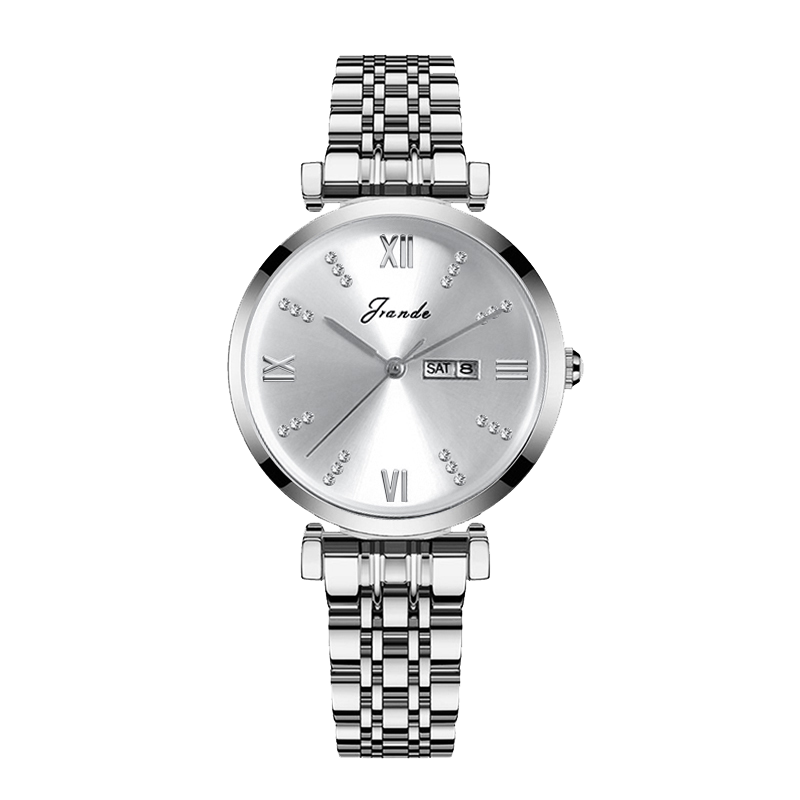 Silver women's quartz watch with stainless steel strap, Roman numerals, and day-date display.