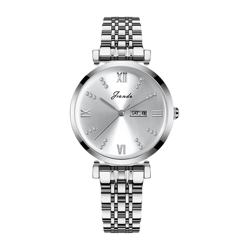 Silver women's quartz watch with stainless steel strap, Roman numerals, and day-date display.