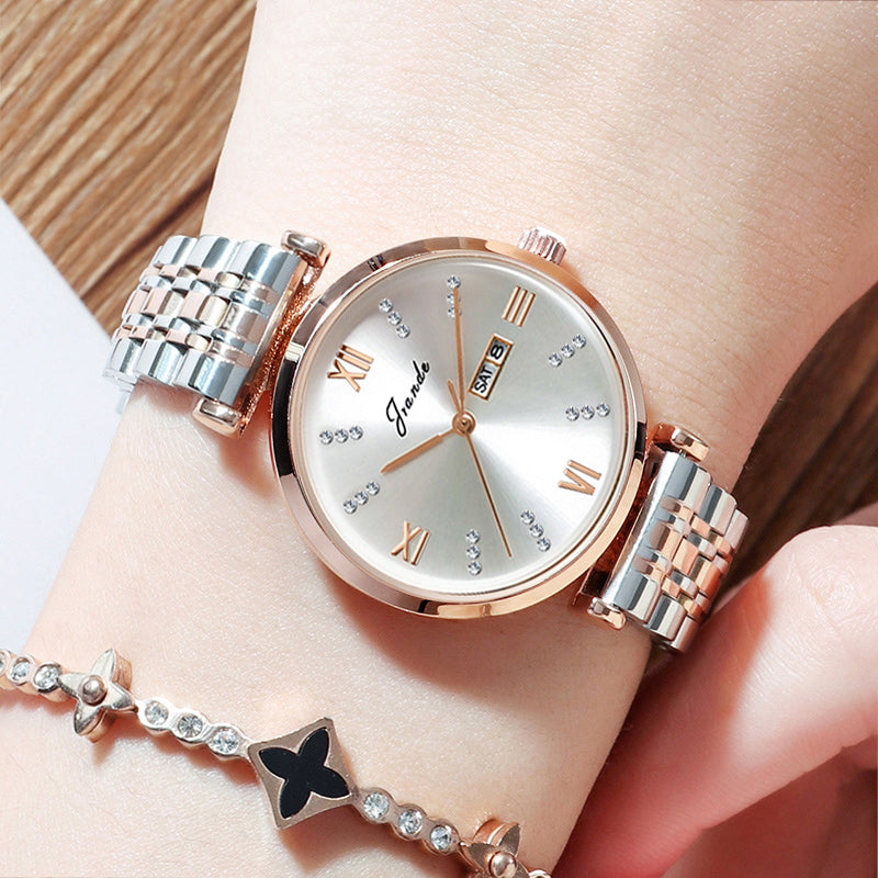Women's quartz watch with gold and silver stainless steel strap, rose gold bezel, and day-date display.