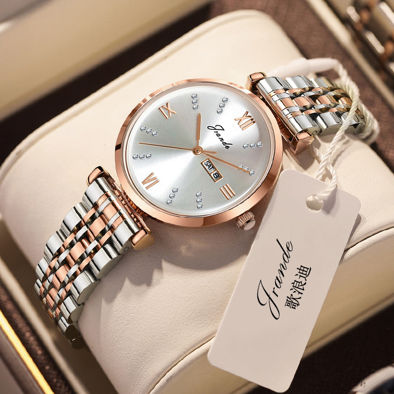Women's two-tone silver and rose gold quartz watch with stainless steel strap and Roman numeral markers.