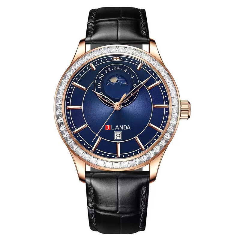 JRANDE J6514G Men's Leather Strap Quartz Watch | Water Resistant featuring a blue dial with gold-tone markers, a black leather strap, and a decorative bezel.