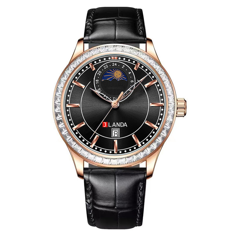 JRANDE J6514G Men's Leather Strap Quartz Watch | Water Resistant with a black dial, rose gold case, gemstone bezel, and black leather strap.