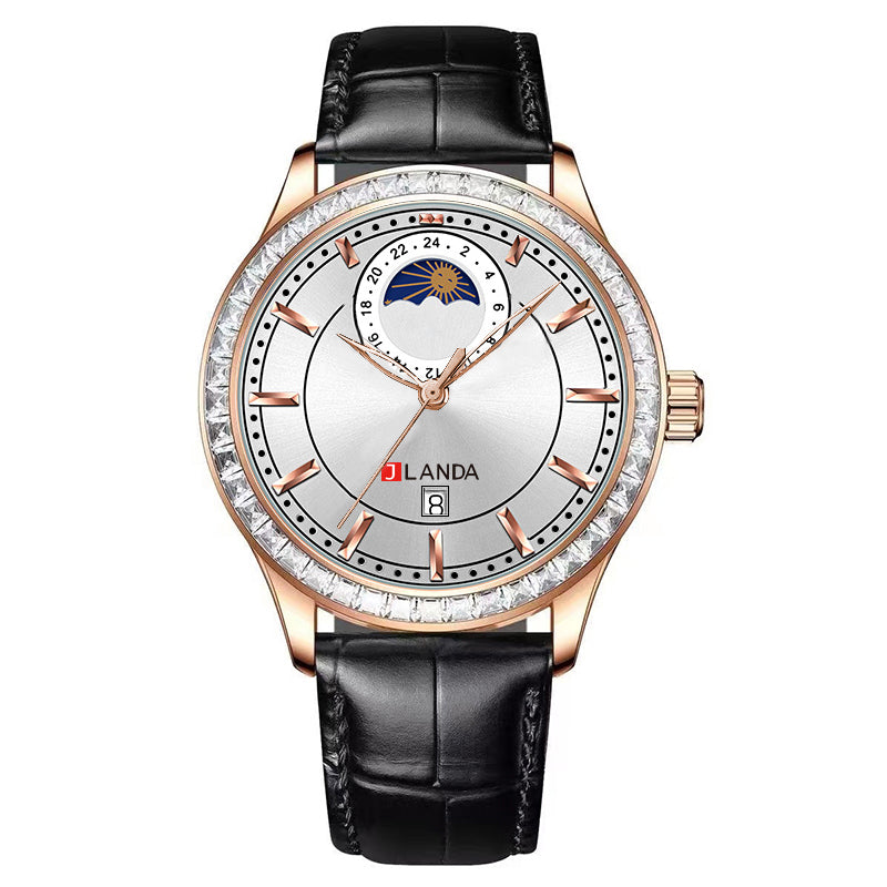 Elegant JRANDE J6514G Men's Leather Strap Quartz Watch | Water Resistant featuring a silver dial, rose gold accents, black leather strap, and a moon phase display.