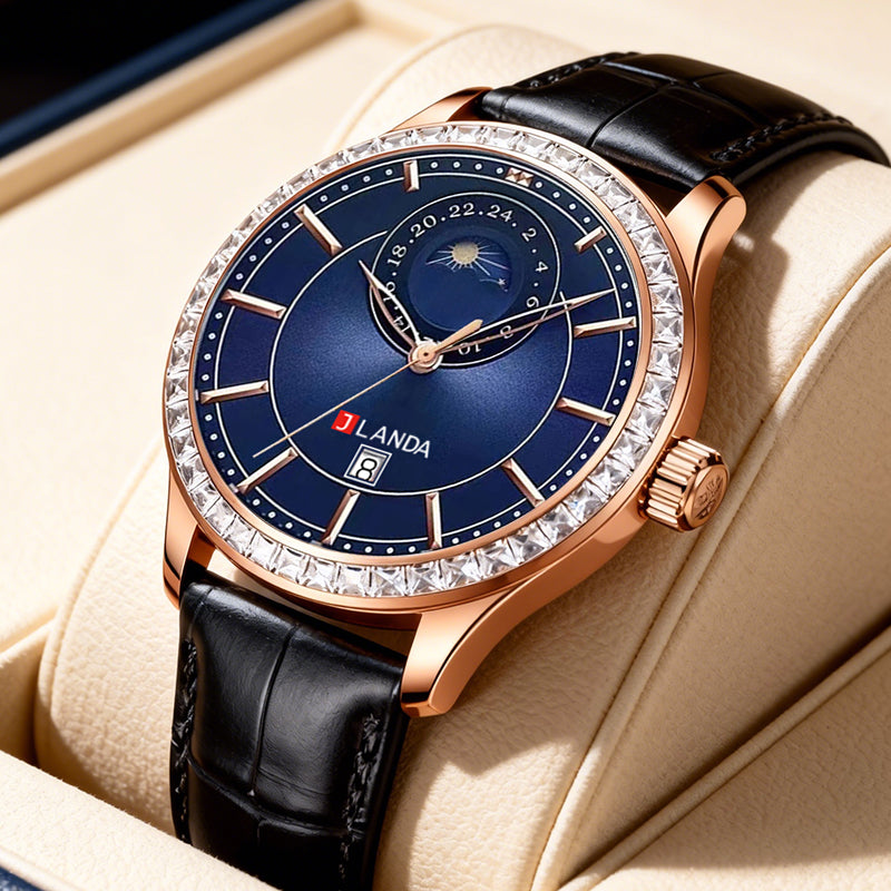 JRANDE J6514G Men's Leather Strap Quartz Watch | Water Resistant with a blue dial, rose gold case, black leather strap, date display, and decorative bezel in an elegant presentation box.