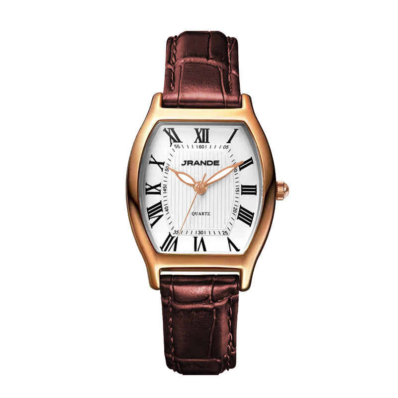Women's quartz watch with bronze-tone curved case, white dial, Roman numerals, and brown leather strap.