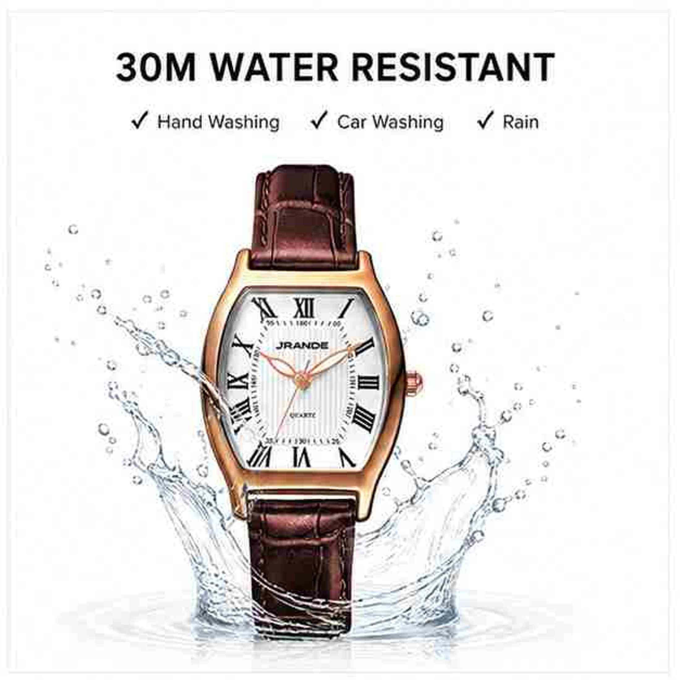 Women's quartz watch with bronze curved rectangular case and brown leather strap, water resistant.