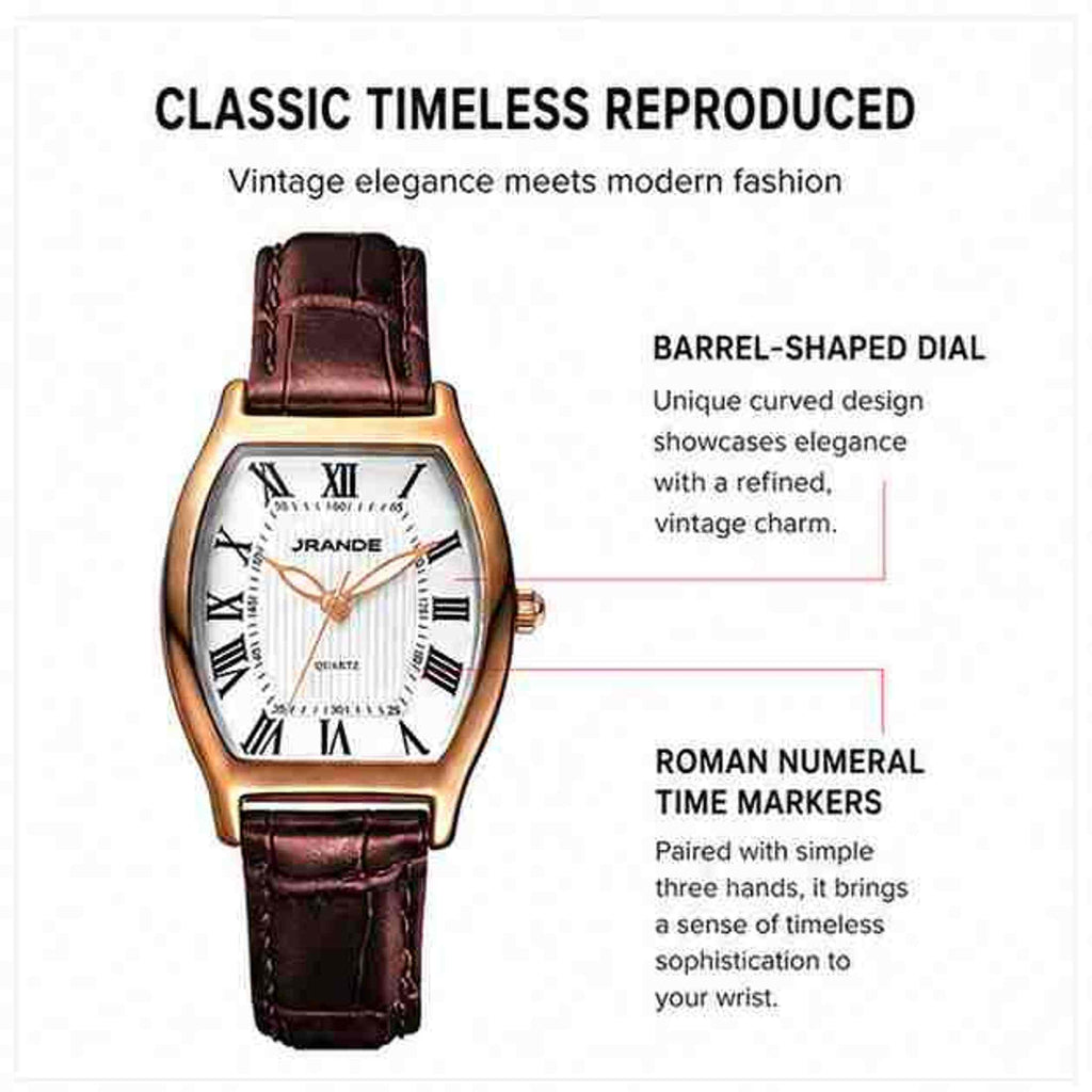 Bronze barrel-shaped dial watch with Roman numeral markers and brown leather strap.