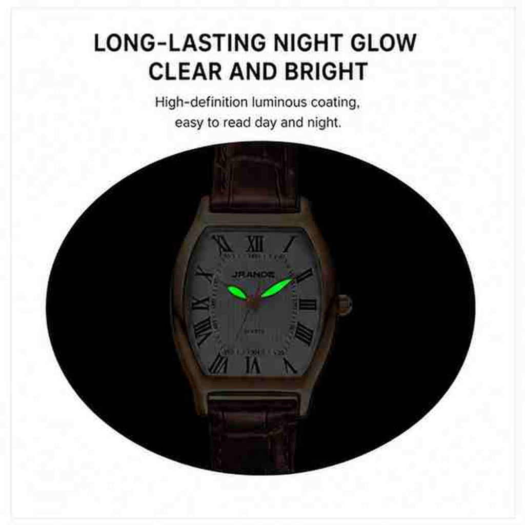 Women's bronze leather strap quartz watch with rectangular face and glowing green hands.