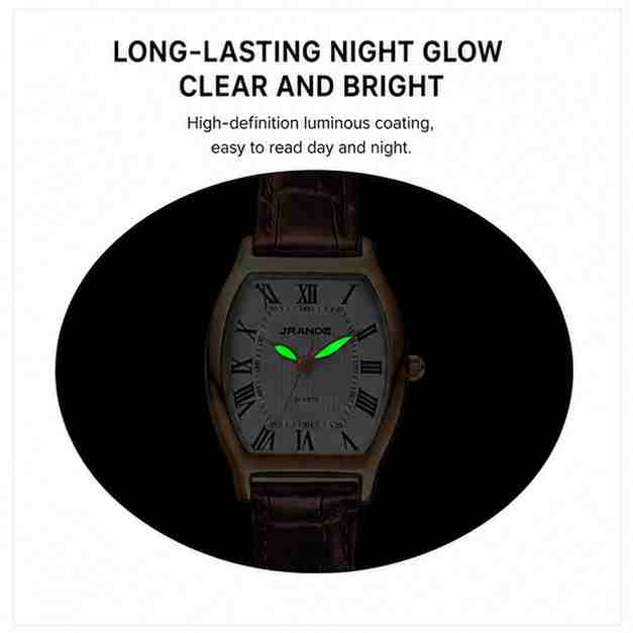 Women's bronze leather strap quartz watch with rectangular face and glowing green hands.