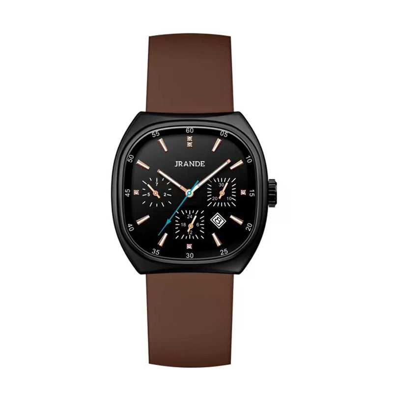 Unisex black square quartz watch with brown silicone strap and multiple subdials.