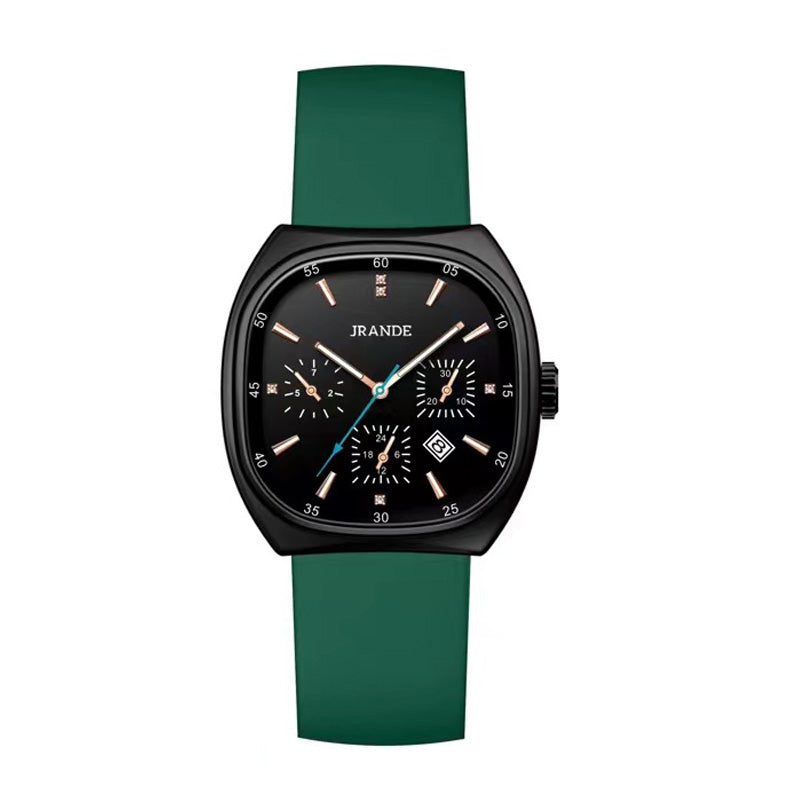 Black square dial unisex quartz watch with green silicone strap and rose gold hands.