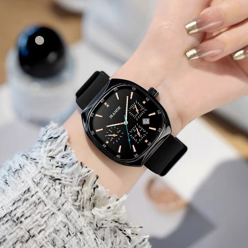 Black JRANDE H9350L unisex quartz watch with square dial and black silicone strap on wrist.