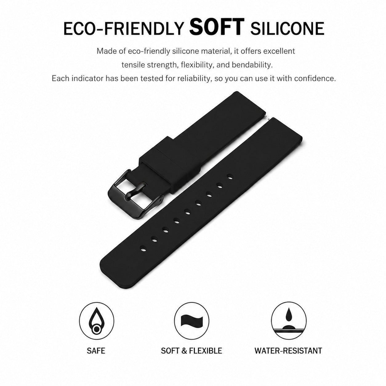 Black soft silicone watch strap with buckle, flexible and water-resistant design.