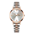Women's quartz watch with silver dial, rose gold Roman numerals, and two-tone stainless steel strap.
