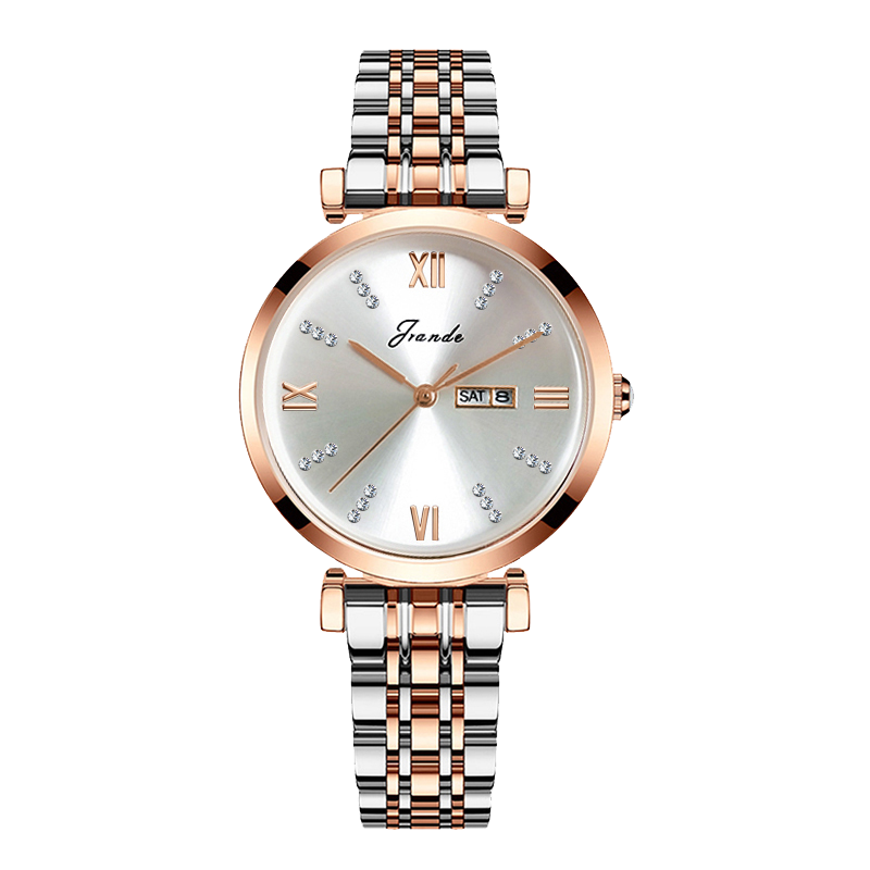 Women's quartz watch with silver dial, rose gold Roman numerals, and two-tone stainless steel strap.