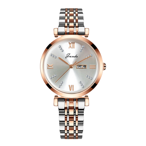 Women's quartz watch with silver dial, rose gold Roman numerals, and two-tone stainless steel strap.