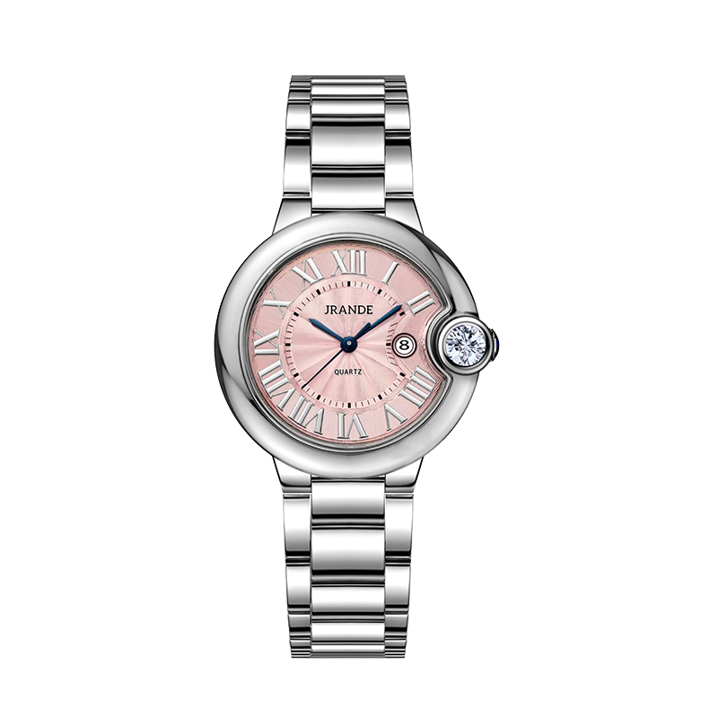 Women's stainless steel quartz watch with pink dial, Roman numerals, and round crown detail.