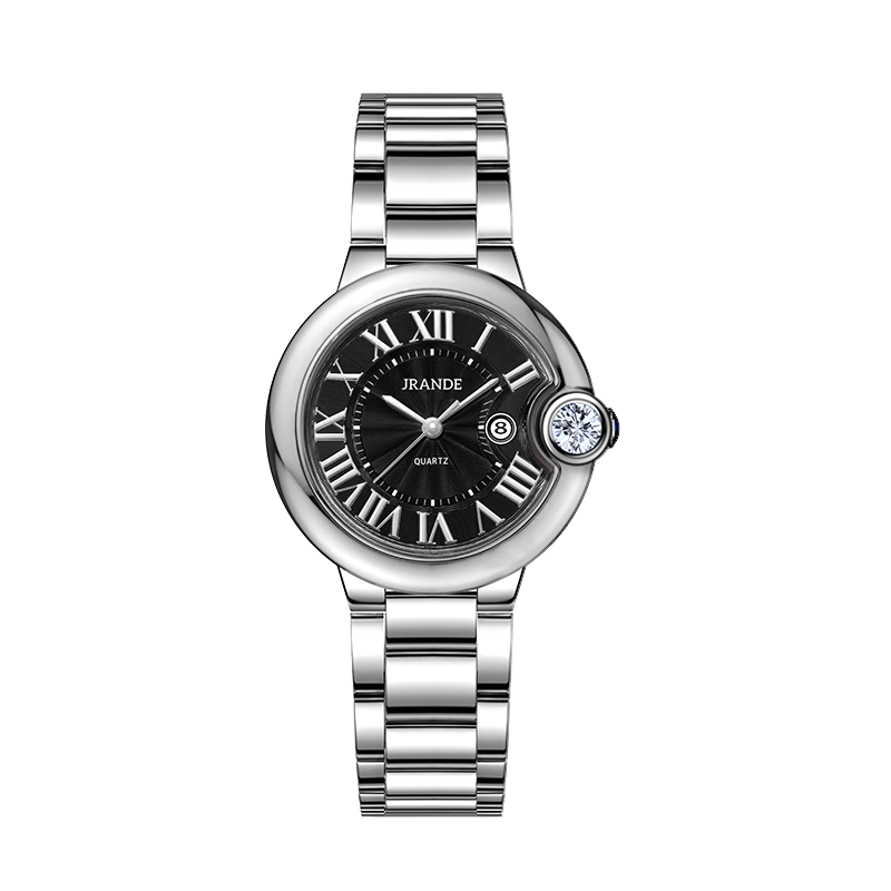 Women's stainless steel watch with black dial, Roman numerals, and quartz movement.