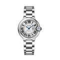 Women's silver stainless steel quartz watch with white dial, Roman numerals, and blue hands.