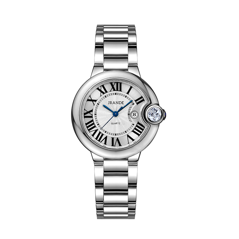 Women's silver stainless steel quartz watch with white dial, Roman numerals, and blue hands.