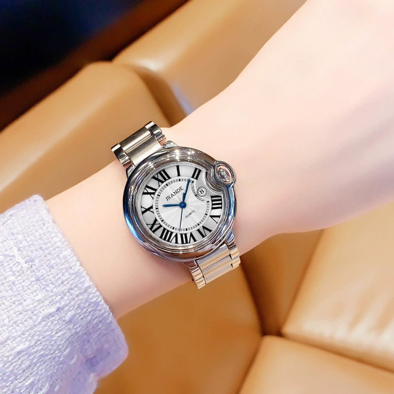Women's silver stainless steel watch with white dial and black Roman numerals.