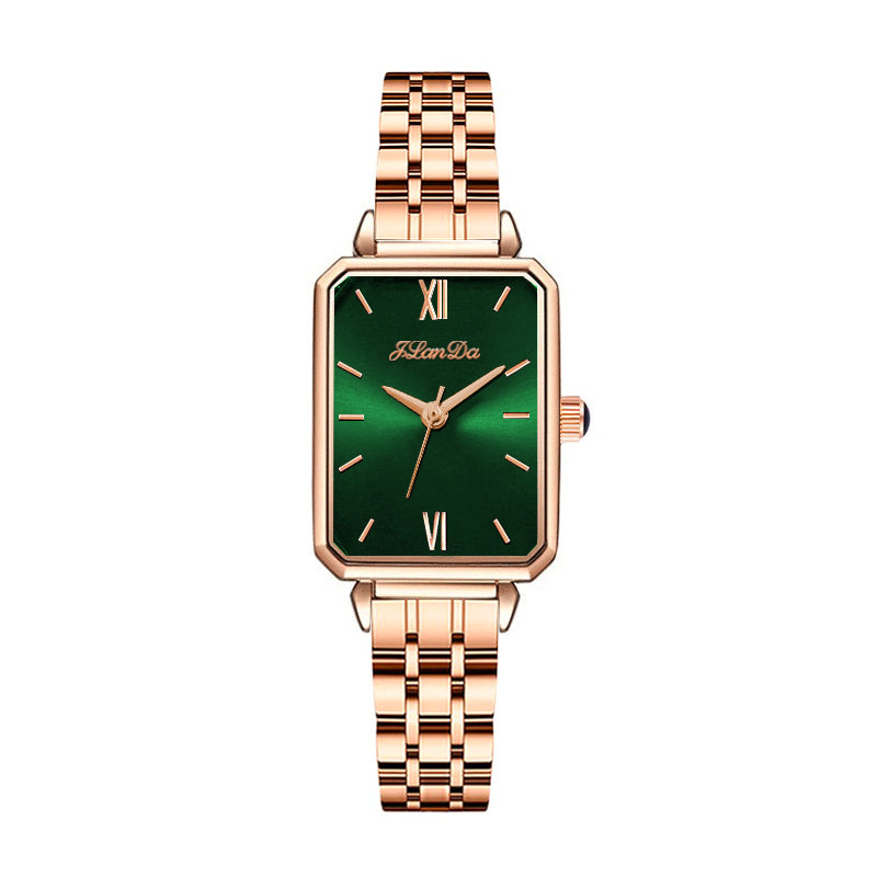 JRANDE J8201L Women's Quartz Watch | Ultra-Slim Stainless Steel | Water Resistant features a rectangular green dial with rose gold-tone markers and a matching rose gold stainless steel band.
