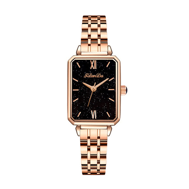 JRANDE J8201L Women's Quartz Watch | Ultra-Slim Stainless Steel | Water Resistant featuring a rectangular black starry dial and rose gold stainless steel band.