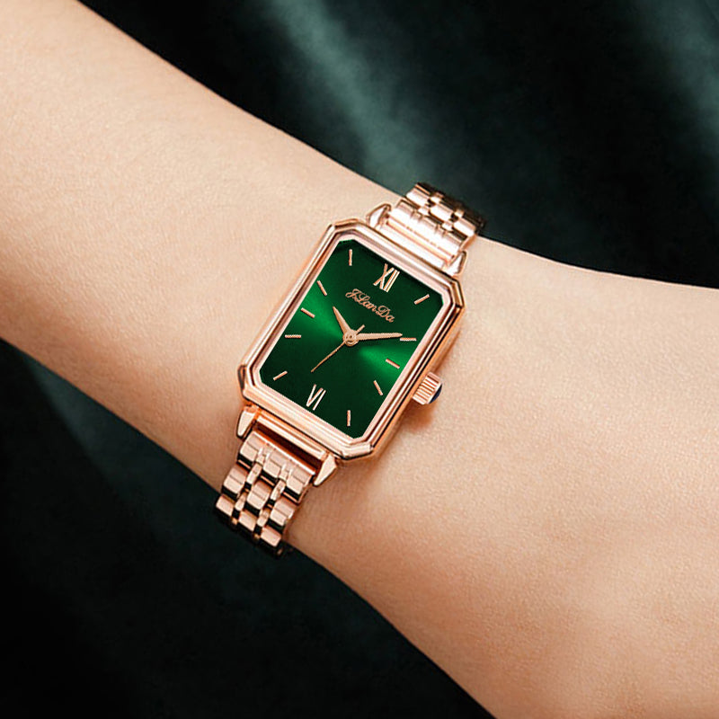 JRANDE J8201L Women's Quartz Watch | Ultra-Slim Stainless Steel | Water Resistant with a rectangular green dial and rose gold link bracelet on a wrist.