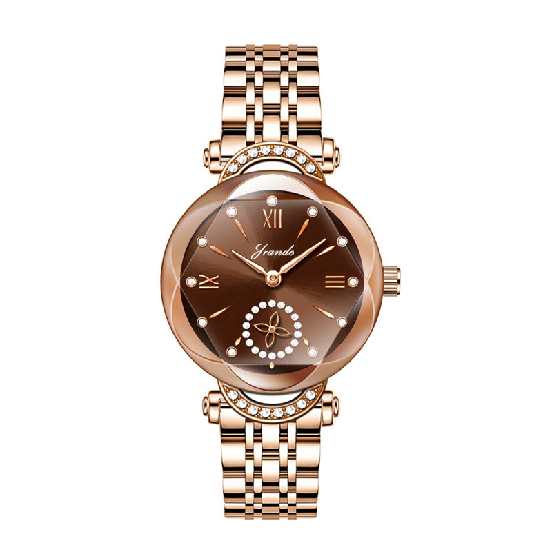 Gold stainless steel women's watch with bronze sunray dial and crystal accents.