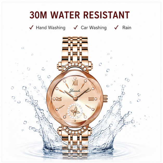 Gold stainless steel women's quartz watch with champagne dial and crystal hour markers in water splash background.