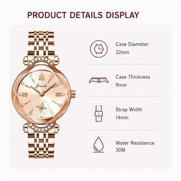 Women's gold stainless steel watch with 32mm round face and floral dial design.